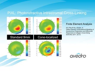 Standard 9mm Cone-localized
Roy & Dupps, IOVS 2011
PiXL: Photorefractive Intrastromal Cross-Linking
A.S. Roy & W.J. Dupps, Jr.
Patient Specific Computational Modeling of
Keratoconus Progression and Differential
Responses to Collagen Cross-linking
IOVS Nov 2011, 52:12
Finite Element Analysis
 