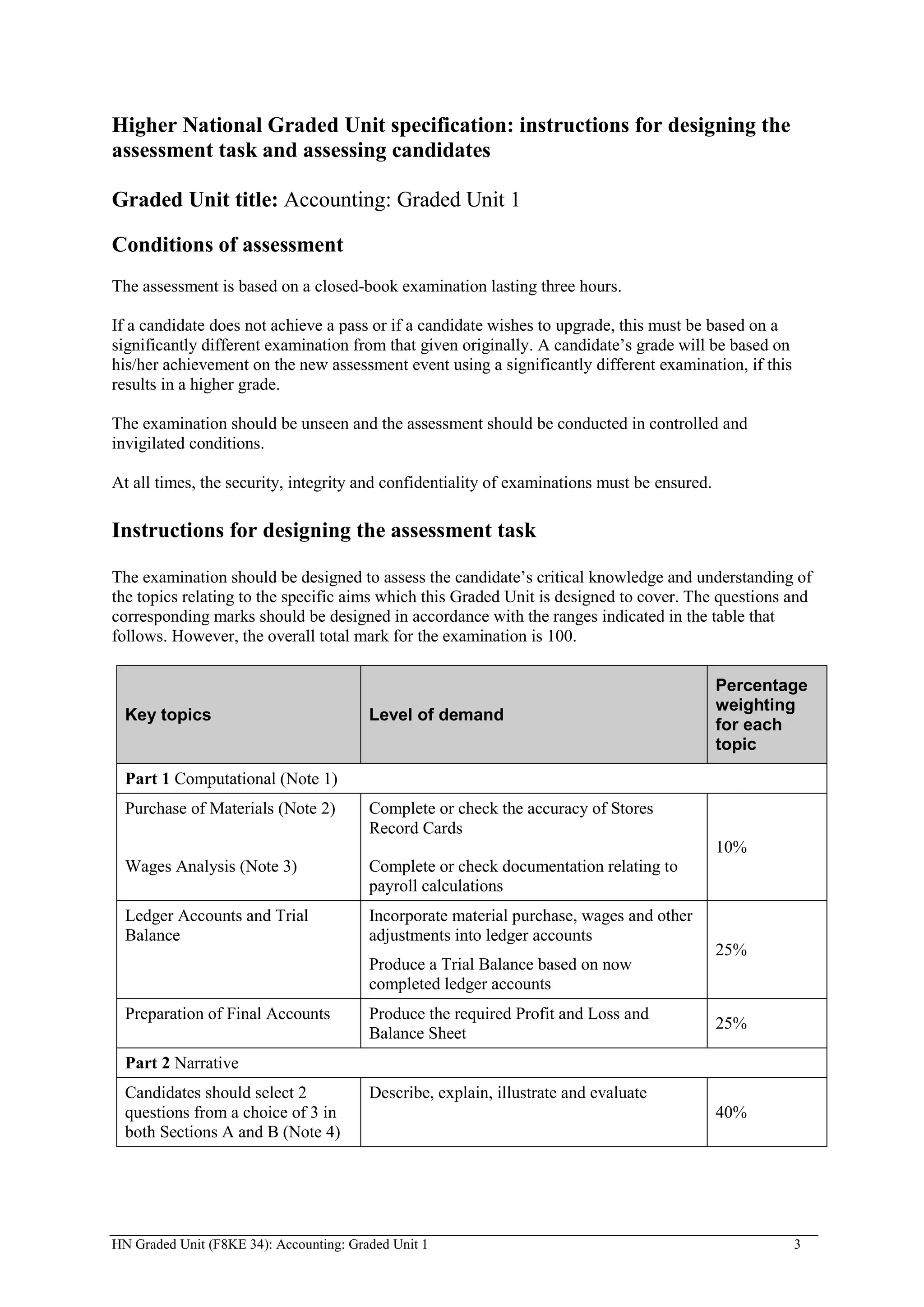 Higher National Graded Unit specification: instructions for designing the
assessment task and assessing candidates

Graded Unit title: Accounting: Graded Unit 1

Conditions of assessment
The assessment is based on a closed-book examination lasting three hours.

If a candidate does not achieve a pass or if a candidate wishes to upgrade, this must be based on a
significantly different examination from that given originally. A candidate’s grade will be based on
his/her achievement on the new assessment event using a significantly different examination, if this
results in a higher grade.

The examination should be unseen and the assessment should be conducted in controlled and
invigilated conditions.

At all times, the security, integrity and confidentiality of examinations must be ensured.

Instructions for designing the assessment task

The examination should be designed to assess the candidate’s critical knowledge and understanding of
the topics relating to the specific aims which this Graded Unit is designed to cover. The questions and
corresponding marks should be designed in accordance with the ranges indicated in the table that
follows. However, the overall total mark for the examination is 100.

                                                                                             Percentage
                                                                                             weighting
  Key topics                             Level of demand
                                                                                             for each
                                                                                             topic
  Part 1 Computational (Note 1)
  Purchase of Materials (Note 2)         Complete or check the accuracy of Stores
                                         Record Cards
                                                                                             10%
  Wages Analysis (Note 3)                Complete or check documentation relating to
                                         payroll calculations
  Ledger Accounts and Trial              Incorporate material purchase, wages and other
  Balance                                adjustments into ledger accounts
                                                                                             25%
                                         Produce a Trial Balance based on now
                                         completed ledger accounts
  Preparation of Final Accounts          Produce the required Profit and Loss and
                                                                                             25%
                                         Balance Sheet
  Part 2 Narrative
  Candidates should select 2             Describe, explain, illustrate and evaluate
  questions from a choice of 3 in                                                            40%
  both Sections A and B (Note 4)




HN Graded Unit (F8KE 34): Accounting: Graded Unit 1                                                    3
 