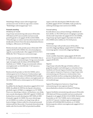 Moderbolaget tillämpar samma redovisningsprinciper                    negativt under hela räkenskapsåret 2009. Periodens totala
som koncernen utom i de fall som anges nedan i avsnittet              kassaflöde uppgick till 10,0 (-3,0) MSEK. Under perioden har
”Moderbolagets redovisningsprinciper” not 1.                          utdelning till aktieägare skett med 22,4 (3,1) MSEK.

Finansiell utveckling                                                 Finansiell ställning
Omsättning och resultat                                               Kassalikviditeten, kassa och korta fordringar i förhållande till
Avega Groups nettoomsättning under januari till december              korta skulder, var 156,3 (169,4) procent vid utgången av perioden.
2010 ökade med 28,7 procent jämfört med motsvarande                   Likvida medel vid periodens slut uppgick till 41,5 (31,5) MSEK.
period föregående år och uppgick till 282,4 (219,5) MSEK.             Avega Groups eget kapital uppgick vid periodens slut till 39,6
Tillväxtökningen var starkast inom branscherna bank/finans och        (32,2) MSEK med en soliditet om 37,6 (43,0) procent.
detaljhandel och härrör främst från tjänsteerbjudandena Business
Intelligence, Affärssystem och IT-ledning.                            Investeringar
                                                                      Nettoinvesteringar under perioden januari till december i
Rörelsens kostnader under perioden januari till december 2010         materiella anläggningstillgångar uppgick till 0,9 (1,1) MSEK. Inga
uppgick till 255,8 (195,4) MSEK. Den största kostnadsposten           investeringar gjordes i immateriella anläggningstillgångar.
utgjordes av personalkostnader vilken uppgick till 221,6 (170,7)
MSEK eller 78,5 (77,8) procent av nettoomsättningen.                  Antal anställda
                                                                      Antalet anställda vid periodens utgång uppgick till 285 (215)
Övriga externa kostnader uppgick till 24,5 (19,0) MSEK vilket är      personer. Det genomsnittliga antalet anställda under samma period
8,7 (8,7) procent av nettoomsättningen. I övriga externa kostnader    uppgick till 250 (215).
ingår noteringskostnader för listbyte till NASDAQ OMX
Stockholm om 2,7 MSEK . Övriga externa kostnader exklusive            Segment
noteringskostnader var 21,8 (19,0) eller 7,7 (8,7) procent av         Avega Groups verksamhet följs upp och bedöms utifrån ett
nettoomsättningen.                                                    geografiskt perspektiv med indelning på var verksamheten finns,
                                                                      Stockholm och Öresund. Segment Stockholm är Avega Groups
Rörelseresultat för perioden var 26,6 (24,1) MSEK, med en             största segment och genererar 94 procent av Avega Groups totala
rörelsemarginal om 9,4 (11,0) procent. I rörelseresultatet ingår      nettoomsättning samt 101 procent av rörelseresultatet. Inom
noteringskostnader för listbyte till NASDAQ OMX Stockholm             segment Stockholm återfinns samtliga tjänsteerbjudanden och
om 3,7 MSEK. Rörelseresultatet exklusive noteringskostnader var       bland de fem största kunderna kan nämnas Nordea, ICA, Ericsson
30,3 (24,1) MSEK med en rörelsemarginal om 10,7(11,0) procent.        och Länsförsäkringar.

Kassaflöde                                                            Segment Öresund genererar 6 procent av Avega Groups
Kassaflödet från den löpande verksamheten uppgick till 23,1 (1,2)     nettoomsättning och inom segmentet återfinns
MSEK. Kassaflödet för 2009 från den löpande verksamheten              tjänsteerbjudandena arkitektur/utveckling och IT-ledning.
påverkades negativt till följd av en engångspost om 19,7 MSEK.
Posten avser inbetalning av inkomst- och löneskatter, varav slutlig   Segment Stockholms nettoomsättning under januari till december
skatt avseende räkenskapsåret 2006/2007 utgjorde 5,5 MSEK och         2010 ökade med 25,8 procent jämfört med motsvarande period
beräknad skatt avseende räkenskapsåren 2007/2008 och 2008             föregående år och uppgick till 266,2 (211,6) MSEK. Rörelseresultat
(8 månader) utgjorde 14,2 MSEK. Den senare inbetalningen              för perioden var 26,7 (24,7) MSEK, med en rörelsemarginal
om 14,2 MSEK är ett resultat av att Avega Group valde att             om 10,0 (11,7) procent. I resultatet ingår noteringskostnader
betala in beloppet i förskott istället för att betala på kommande     för listbyte till NASDAQ OMX Stockholm om 3,5 MSEK.
slutskattesedel från Skatteverket. Ovanstående skatteinbetalning      Rörelsemarginalen exklusive noteringskostnader uppgick till 11,3
skedde under först kvartalet 2009 och påverkade kassaflödet           (11,7) procent.



45       Avega Group Årsredovisning 2010
 