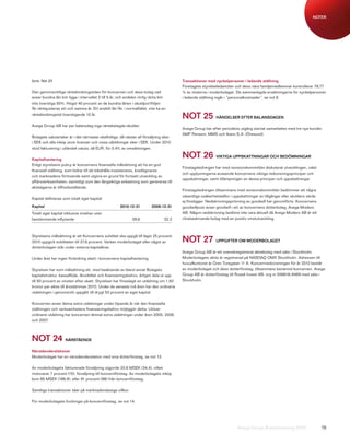 NOTER




forts. Not 23                                                                            Transaktioner med nyckelpersoner i ledande ställning
                                                                                         Företagets styrelseledamöter och dess nära familjemedlemmar kontrollerar 79,77
Den genomsnittliga räntebindningstiden för koncernen och dess bolag vad                  % av rösterna i moderbolaget. De sammanlagda ersättningarna för nyckelpersoner
avser bundna lån bör ligga i intervallet 2 till 5 år, och andelen rörlig ränta bör       i ledande ställning ingår i ”personalkostnader”, se not 6.
inte överstiga 50%. Högst 40 procent av de bundna lånen i skuldportföljen
får räntejusteras ett och samma år. Ett enskilt lån får, i normalfallet, inte ha en
räntebindningstid överstigande 10 år.
                                                                                         NOT 25             HÄNDELSER EFTER BALANSDAGEN

Avega Group AB har per balansdag inga räntebelagda skulder.
                                                                                         Avega Group har efter periodens utgång startat samarbeten med tre nya kunder:
                                                                                         AMF Pension, MMS och Ikano S.A. (Öresund).
Bolagets valutarisker är i det närmaste obefintliga, då nästan all försäljning sker
i SEK och alla inköp utom licenser och vissa utbildningar sker i SEK. Under 2010
stod fakturering i utländsk valuta, då EUR, för 0,4% av omsättningen.

Kapitalhantering
                                                                                         NOT 26             VIKTIGA UPPSKATTNINGAR OCH BEDÖMNINGAR

Enligt styrelsens policy är koncernens finansiella målsättning att ha en god
                                                                                         Företagsledningen har med revisionskommittén diskuterat utvecklingen, valet
finansiell ställning, som bidrar till att bibehålla investerares, kreditgivares
                                                                                         och upplysningarna avseende koncernens viktiga redovisningsprinciper och
och marknadens förtroende samt utgöra en grund för fortsatt utveckling av
                                                                                         uppskattningar, samt tillämpningen av dessa principer och uppskattningar.
affärsverksamheten; samtidigt som den långsiktiga avkastning som genereras till
aktieägarna är tillfredsställande.
                                                                                         Företagsledningen tillsammans med revisionskommittén bedömmer att några
                                                                                         väsentliga osäkerhetskällor i uppskattningar av tillgångar eller skulders värde
Kapital definieras som totalt eget kapital.
                                                                                         ej föreligger. Nedskrivningsprövning av goodwill har genomförts. Koncernens
Kapital                                               2010-12-31          2009-12-31     goodwillpost avser goodwill i ett av koncernens dotterbolag, Avega Modero
Totalt eget kapital inklusive innehav utan                                               AB. Någon nedskrivning bedöms inte vara aktuell då Avega Modero AB är ett
bestämmande inflytande                                        39,6                32,2   rörelsedrivande bolag med en positiv vinstutveckling.




                                                                                         NOT 27
Styrelsens målsättning är att Koncernens soliditet ska uppgå till lägst 25 procent.
2010 uppgick soliditeten till 37,6 procent. Varken moderbolaget eller något av                              UPPGIFTER OM MODERBOLAGET
dotterbolagen står under externa kapitalkrav.
                                                                                         Avega Group AB är ett svenskregistrerat aktiebolag med säte i Stockholm.
Under året har ingen förändring skett i koncernens kapitalhantering.                     Moderbolagets aktie är registrerad på NASDAQ OMX Stockholm. Adressen till
                                                                                         huvudkontoret är Grev Turegatan 11 A. Koncernredovisningen för år 2010 består
Styrelsen har som målsättning att, med beaktande av bland annat Bolagets                 av moderbolaget och dess dotterföretag, tillsammans benämnd koncernen. Avega
kapitalstruktur, kassaflöde, likvididtet och finansieringsbehov, årligen dela ut upp     Group AB är dotterföretag till Rosek Invest AB, org nr 556616-8489 med säte i
till 50 procent av vinsten efter skatt. Styrelsen har föreslagit en utdelning om 1,50    Stockholm.
kronor per aktie till årsstämman 2010. Under de senaste två åren har den ordinarie
utdelningen i genomsnitt uppgått till drygt 53 procent av eget kapital.

Koncernen avser lämna extra utdelningar under löpande år när den finansiella
ställningen och verksamhetens finansieringsbehov möjliggör detta. Utöver
ordinarie utdelning har koncernen lämnat extra utdelningar under åren 2005, 2006
och 2007.



NOT 24              NÄRSTÅENDE

Närståenderelationer
Moderbolaget har en närståenderelation med sina dotterföretag, se not 13.

Av moderbolagets fakturerade försäljning utgjorde 20,6 MSEK (34,4), vilket
motsvarar 7 procent (15), försäljning till koncernföretag. Av moderbolagets inköp
kom 95 MSEK (186,8), eller 91 procent (98) från koncernföretag.

Samtliga transaktioner sker på marknadsmässiga villkor.

För moderbolagets fordringar på koncernföretag, se not 14.




                                                                                                                         Avega Group Årsredovisning 2010                   78
 