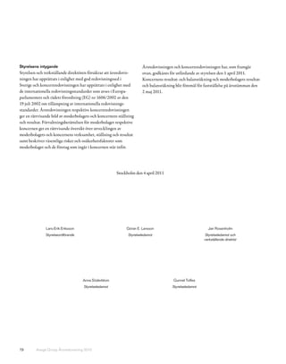 Styrelsens intygande                                                 Årsredovisningen och koncernredovisningen har, som framgår
Styrelsen och verkställande direktören försäkrar att årsredovis-     ovan, godkänts för utfärdande av styrelsen den 1 april 2011.
ningen har upprättats i enlighet med god redovisningssed i           Koncernens resultat- och balansräkning och moderbolagets resultat-
Sverige och koncernredovisningen har upprättats i enlighet med       och balansräkning blir föremål för fastställelse på årsstämman den
de internationella redovisningsstandarder som avses i Europa-        2 maj 2011.
parlamentets och rådets förordning (EG) nr 1606/2002 av den
19 juli 2002 om tillämpning av internationella redovisnings-
standarder. Årsredovisningen respektive koncernredovisningen
ger en rättvisande bild av moderbolagets och koncernens ställning
och resultat. Förvaltningsberättelsen för moderbolaget respektive
koncernen ger en rättvisande översikt över utvecklingen av
moderbolagets och koncernens verksamhet, ställning och resultat
samt beskriver väsentliga risker och osäkerhetsfaktorer som
moderbolaget och de företag som ingår i koncernen står inför.




                                                       Stockholm den 4 april 2011




               Lars-Erik Eriksson                           Göran E. Larsson                             Jan Rosenholm
              Styrelseordförande                             Styrelseledamot                            Styrelseledamot och
                                                                                                       verkställande direktör




                                    Anna Söderblom                                    Gunnel Tolfes
                                    Styrelseledamot                                  Styrelseledamot




79       Avega Group Årsredovisning 2010
 