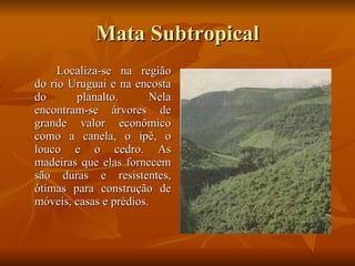 Mata Subtropical Localiza-se na região do rio Uruguai e na encosta do planalto. Nela encontram-se árvores de grande valor econômico como a canela, o ipê, o louco e o cedro. As madeiras que elas fornecem são duras e resistentes, ótimas para construção de móveis, casas e prédios. 