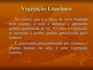 Vegetação Litorânea No litoral, que á a faixa de terra banhada pelo oceano, o solo é arenoso e apresenta grande quantidade de sal. Por isso, a vegetação aí existente é pobre, pouco aproveitada pelo homem. É constituída principalmente por arbustos e plantas baixas, ou seja, é uma vegetação rasteira. 