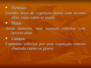Florestas Grandes áreas de vegetação densa, com árvores altas, cujas copas se tocam. Matas Áreas menores, mas também cobertas com árvores altas. Campos Extensões cobertas por uma vegetação rasteira chamada capim ou grama. 