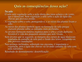 Quis as conseqüências dessa ação? No solo O solo sem vegetação sofre a ação direta dos raios solares e do vento, que o dessecam. Sem vegetação o solo sofre a ação da água das chuvas que provoca erosão. A vegetação cobre o solo, protegendo-o, e as raízes das plantas fixam o solo. As raízes das plantas também agem na formação do solo porque exercem pressão sobre as camadas mais profundas. As árvores fornecem matéria orgânica para o solo e criam ambiente favorável à vida dos pequenos animais que nele vivem. Sem árvores que as segurem, as margens dos cursos de água deslocam toneladas de camadas de solo para o fundo dos leitos, entupindo-os. Isto provoca inundações. Nos terrenos inclinados, sobretudo nas encostas, é importante a vegetação, pois a água das chuvas vai levando camadas do solo com seus nutrientes. Resultado do desmatamento: desertificação. 