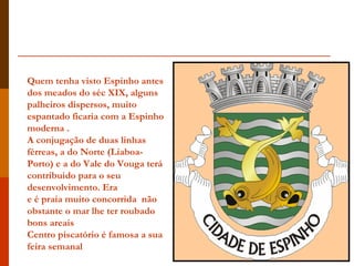 Quem tenha visto Espinho antes dos meados do séc XIX, alguns palheiros dispersos, muito espantado ficaria com a Espinho moderna . A conjugação de duas linhas férreas, a do Norte (Liaboa- Porto) e a do Vale do Vouga terá contribuido para o seu desenvolvimento. Era  e é praia muito concorrida  não obstante o mar lhe ter roubado bons areais  Centro piscatório é famosa a sua feira semanal  