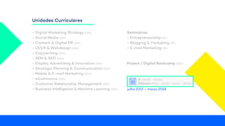 - Digital Marketing Strategy (24h)
- Social Media (16h)
- Content & Digital PR (12h)
- UI/UX & Webdesign (16h)
- Copywriting (24h)
- SEM & SEO (24h)
- Display Advertising & Innovation (24h)
- Strategic Planning & Communication (16h)
- Mobile & E-mail Marketing (24h)
- eCommerce (20h)
- Customer Relationship Management (20h)
- Business Intelligence & Machine Learning (20h)
Seminários:
- Entrepreneurship (3h)
- Blogging & Youtubing (3h)
- E-mail Marketing (3h)
Project / Digital Bootcamp (25h)
Unidades Curriculares
6ª (18h30 – 22h30)
Sábado (9h30 – 13h30 + 14h30 – 18h30)
julho 2017 – março 2018
 