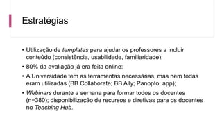 Estratégias
• Utilização de templates para ajudar os professores a incluir
conteúdo (consistência, usabilidade, familiaridade);
• 80% da avaliação já era feita online;
• A Universidade tem as ferramentas necessárias, mas nem todas
eram utilizadas (BB Collaborate; BB Ally; Panopto; app);
• Webinars durante a semana para formar todos os docentes
(n=380); disponibilização de recursos e diretivas para os docentes
no Teaching Hub.
 