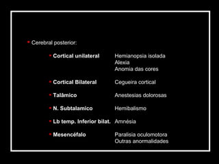 Cerebral posterior: Cortical unilateral Hemianopsia isolada Alexia  Anomia das cores Cortical Bilateral Cegueira cortical Talâmico Anestesias dolorosas N. Subtalamico Hemibalismo Lb temp. Inferior bilat. Amnésia Mesencéfalo Paralisia oculomotora  Outras anormalidades 
