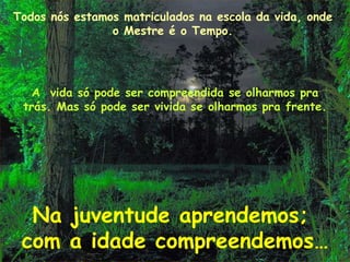 Todos nós estamos matriculados na escola da vida, onde o Mestre é o Tempo. A  vida só pode ser compreendida se olharmos pra trás. Mas só pode ser vivida se olharmos pra frente. Na juventude aprendemos;  com a idade compreendemos… 