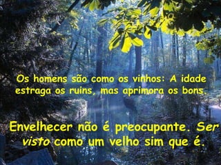 Os homens são como os vinhos: A idade estraga os ruins, mas aprimora os bons. Envelhecer não é preocupante. S er visto  como um velho sim que é. 