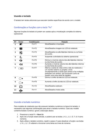 22
Usando o teclado
O teclado tem teclas adicionais que executam tarefas específicas de acordo com o modelo.
Combinações e funções com a tecla “Fn”
Algumas funções do teclado só podem ser usadas após a inicialização completa do sistema
operacional.
Nº Ícone Combinação Função
1 Fn+F1 Ativa/Desativa o touchpad.
2 Fn+F2 Ativa/Desativa imagem do LCD do notebook.
3 Fn+F3 Ativa/Desativa os alto-falantes internos ou os fones
de ouvido.
4 Fn+F4 Suspende a atividade do sistema operacional.
5 Fn+F5 Diminui o nível de volume dos alto-falantes internos
ou dos fones de ouvido.
6 Fn+F6 Aumenta o nível de volume dos alto-falantes internos
ou dos fones de ouvido.
7 Fn+F7 Alterna a saída de vídeo entre a tela do notebook e
um monitor externo ou projetor, envia
simultaneamente a saída para ambos e faz múltiplas
exibições com ambos, que funcionam como se
fossem uma única área de trabalho.
8 Fn+F8 Diminui o brilho da tela do LCD do notebook.
9 Fn+F9 Aumenta o brilho da tela do LCD do notebook.
10 Fn+10 Ativa/Desativa webcam.
11 Fn+11 Ativa/Desativa modo avião.
Usando o teclado numérico
Para modelos de notebooks que não possuem teclados numéricos no layout do teclado, é
necessário usar algumas combinações para ativar o teclado numérico. Caso seu modelo
contenha teclado numérico, ignore a descrição abaixo.
1. Pressionar a tecla Fn + Num Lk.
2. Após isto a função estará ativada, e poderá usar as teclas J, K, L, U, I, O, 7, 8, 9 como
números.
3. Após utilizar o teclado numérico, repetir o passo (1) para desativar a função e as teclas
J, K, L, U, I, O voltarem a funcionar como letras ao invés de números.
 