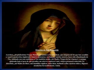 Oración de San Bernardo

Acordaos, ¡oh piadosísima Virgen María!, que jamás se ha oído decir, que ninguno de los que han acudido
a vuestra protección, implorado vuestra asistencia y reclamado vuestro socorro, haya sido abandonado de
   Vos. Animado con esta confianza, a Vos también acudo, ¡oh Madre, Virgen de las vírgenes!, y aunque
     gimiendo bajo el peso de mis pecados, me atrevo a aparecer ante vuestra presencia soberana. No
desechéis, ¡oh Madre de Dios!, mis humildes súplicas, antes bien, inclinad a ellas vuestros oídos y dignaos
                                   atenderlas favorablemente. Amén.
 