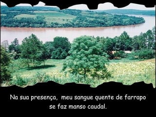 Na sua presença,  meu sangue quente de farrapo se faz manso caudal. 