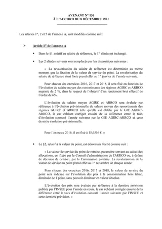 AVENANT N° 136
À L’ACCORD DU 8 DÉCEMBRE 1961
Les articles 1er
, 2 et 5 de l’annexe A, sont modifiés comme suit :
 Article...