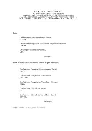 AVENANT DU 8 DÉCEMBRE 2015
AU PROTOCOLE DU 5 FÉVRIER 1979
PRÉVOYANT L'ATTRIBUTION D'AVANTAGES EN MATIÈRE
DE RETRAITE COMPL...