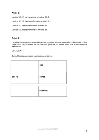 Avenant n°123du 18/10/2017
5
Article 2 :
L’article 5.3.1.1 est transformé en article 5.3.2.
L’article 5.3.1.2.2 est transformé en article 5.3.3.
L’article 5.3.2 est transformé en article 5.3.4.
L’article 5.3.3 est transformé en article 5.3.5.
Article 3 :
Le présent avenant est applicable dès sa signature et pour une durée indéterminée. Il fera
l’objet d’un dépôt auprès de la Direction générale du travail, ainsi que d’une demande
d’extension.
Le 13/09/2017
Suivent les signatures des organisations ci-après :
CGT :
CGT-FO : FNASS :
COSMOS :
 