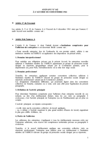1
AVENANT N° 142
À L’ACCORD DU 8 DÉCEMBRE 1961
 Article 1er de l’avenant
Les articles 8, 9 et 10 de l’annexe A à l’Accord...