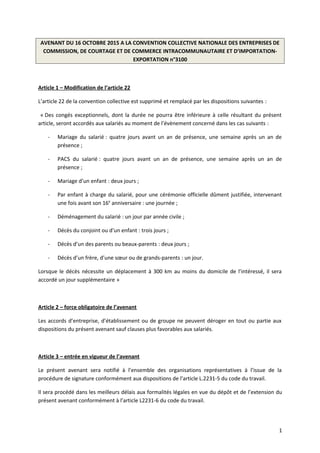 AVENANT DU 16 OCTOBRE 2015 A LA CONVENTION COLLECTIVE NATIONALE DES ENTREPRISES DE
COMMISSION, DE COURTAGE ET DE COMMERCE ...