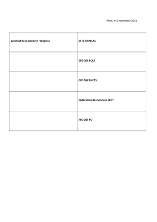 Paris, le 5 novembre 2015
Syndicat de la Librairie Française CFTC SNPELAC
CFE CGC FCCS
CFE CGC FNECS
Fédération des Servic...