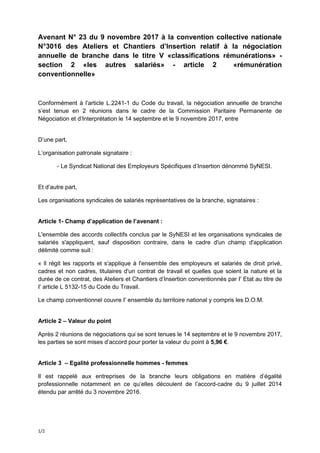 1/2
Avenant N° 23 du 9 novembre 2017 à la convention collective nationale
N°3016 des Ateliers et Chantiers d’Insertion rel...