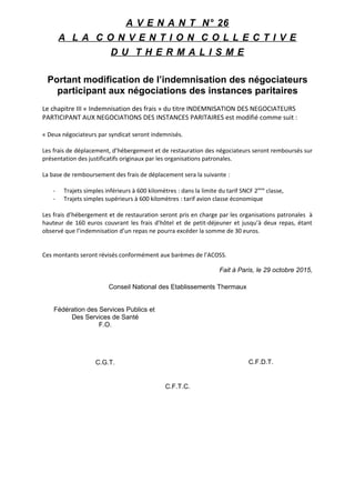 A V E N A N T N° 26
A L A C O N V E N T I O N C O L L E C T I V E
D U T H E R M A L I S M E
Portant modification de l’inde...