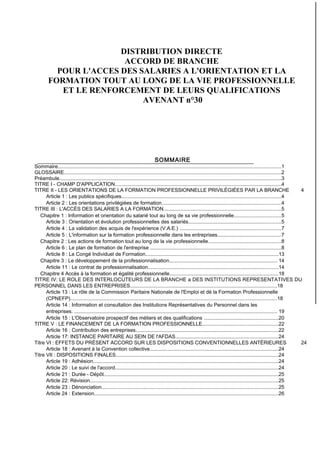 DISTRIBUTION DIRECTE
ACCORD DE BRANCHE
POUR L'ACCES DES SALARIES A L'ORIENTATION ET LA
FORMATION TOUT AU LONG DE LA VIE PR...