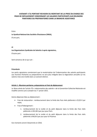 AVENANT n°31 PORTANT REVISION DU MONTANT DE LA PRISE EN CHARGE DES
FRAIS DE DEPLACEMENT CONCERNANT LES SALARIES PARTICIPAN...