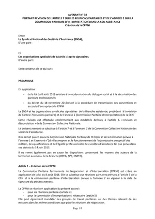 Page 1/5
AVENANT N° 38
PORTANT REVISION DE L’ARTICLE 7 SUR LES REUNIONS PARITAIRES ET DE L’ANNEXE 2 SUR LA
COMMISSION PARI...