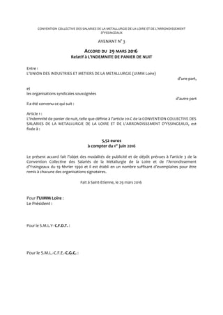 CONVENTION COLLECTIVE DES SALARIES DE LA METALLURGIE DE LA LOIRE ET DE L’ARRONDISSEMENT
D’YSSINGEAUX
AVENANT N° 3
ACCORD D...