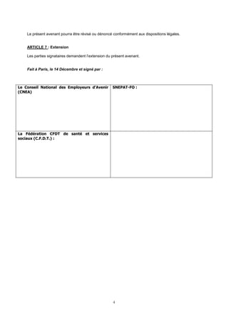 4
Le présent avenant pourra être révisé ou dénoncé conformément aux dispositions légales.
ARTICLE 7 : Extension
Les parties signataires demandent l’extension du présent avenant.
Fait à Paris, le 14 Décembre et signé par :
Le Conseil National des Employeurs d’Avenir
(CNEA)
SNEPAT-FO :
La Fédération CFDT de santé et services
sociaux (C.F.D.T.) :
 