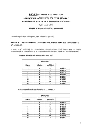 PROJET AVENANT N° 54 DU 4 AVRIL 2017
A L’ANNEXE VI A LA CONVENTION COLLECTIVE NATIONALE
DES ENTREPRISES RELEVANT DE LA NAV...