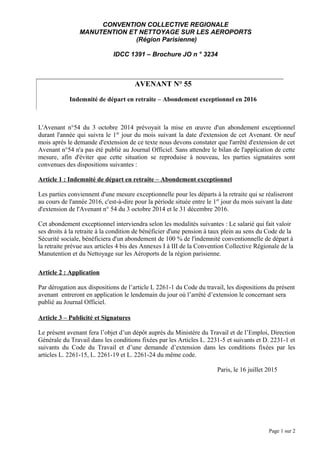 CONVENTION COLLECTIVE REGIONALE
MANUTENTION ET NETTOYAGE SUR LES AEROPORTS
(Région Parisienne)
IDCC 1391 – Brochure JO n °...