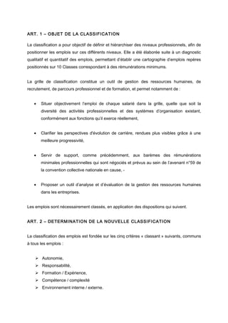 ART. 1 – OBJET DE LA CLASSIFICATION
La classification a pour objectif de définir et hiérarchiser des niveaux professionnel...