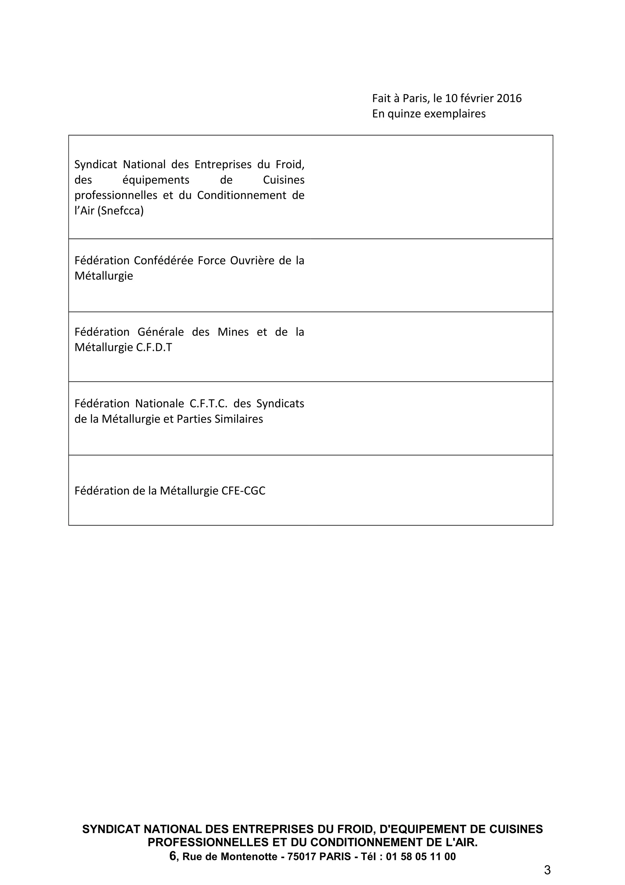 Fait à Paris, le 10 février 2016
En quinze exemplaires
Syndicat National des Entreprises du Froid,
des équipements de Cuisines
professionnelles et du Conditionnement de
l’Air (Snefcca)
Fédération Confédérée Force Ouvrière de la
Métallurgie
Fédération Générale des Mines et de la
Métallurgie C.F.D.T
Fédération Nationale C.F.T.C. des Syndicats
de la Métallurgie et Parties Similaires
Fédération de la Métallurgie CFE-CGC
SYNDICAT NATIONAL DES ENTREPRISES DU FROID, D'EQUIPEMENT DE CUISINES
PROFESSIONNELLES ET DU CONDITIONNEMENT DE L'AIR.
6, Rue de Montenotte - 75017 PARIS - Tél : 01 58 05 11 00
3
 