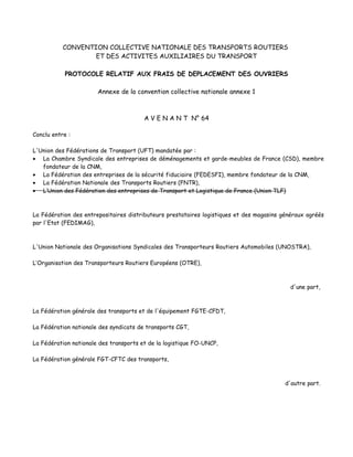CONVENTION COLLECTIVE NATIONALE DES TRANSPORTS ROUTIERS
ET DES ACTIVITES AUXILIAIRES DU TRANSPORT
PROTOCOLE RELATIF AUX FR...