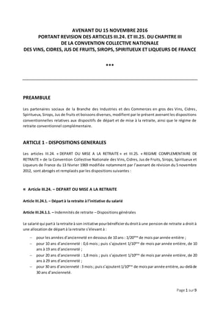 Page 1 sur9
AVENANT DU 15 NOVEMBRE 2016
PORTANT REVISION DES ARTICLES III.24. ET III.25. DU CHAPITRE III
DE LA CONVENTION ...