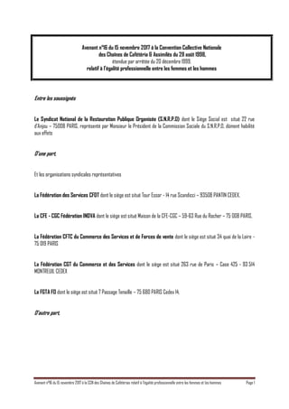 Avenant n°16 du 15 novembre 2017 à la CCN des Chaînes de Cafétérias relatif à l’égalité professionnelle entre les femmes e...