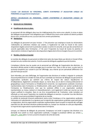 Avenant de mise à jour de la CCR Services de l’automobile – 2016 07 13 p 2
L’article 1.05 DELEGUES DU PERSONNEL, COMITE D'...
