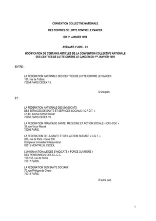 1
CONVENTION COLLECTIVE NATIONALE
DES CENTRES DE LUTTE CONTRE LE CANCER
DU 1er JANVIER 1999
AVENANT n°2018 – 01
MODIFICATI...
