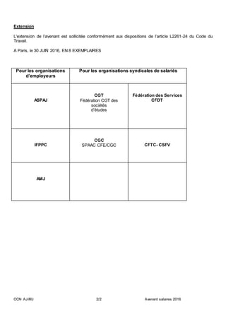CCN AJ-MJ 2/2 Avenant salaires 2016
Extension
L'extension de l’avenant est sollicitée conformément aux dispositions de l’a...
