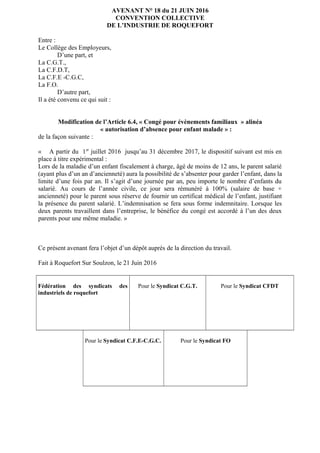 AVENANT N° 18 du 21 JUIN 2016
CONVENTION COLLECTIVE
DE L’INDUSTRIE DE ROQUEFORT
Entre :
Le Collège des Employeurs,
D’une p...