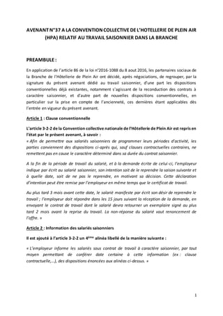 1
AVENANTN°37 A LA CONVENTIONCOLLECTIVEDEL’HOTELLERIE DE PLEIN AIR
(HPA) RELATIF AU TRAVAIL SAISONNIER DANS LA BRANCHE
PRE...