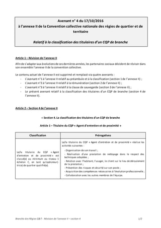 Branche des Régies Q&T - Révision de l’annexe II – section 4 1/2
Avenant n° 4 du 17/10/2016
à l’annexe II de la Convention...