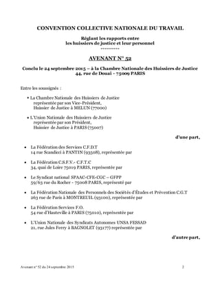 Avenant n° 52 du 24 septembre 2015 2
CONVENTION COLLECTIVE NATIONALE DU TRAVAIL
Réglant les rapports entre
les huissiers d...