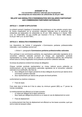 AVENANT N° 54
à la convention collective nationale pour le personnel
des entreprises de restauration de collectivités du 2...