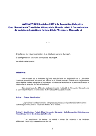 1
AVENANT DU 26 octobre 2017 à la Convention Collective
Pour l’Industrie du Travail des Métaux de la Moselle relatif à l’a...