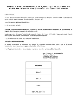 AVENANT PORTANT PROROGATION DU PROTOCOLE D’ACCORD DU 21 MARS 2011
RELATIF À LA PROMOTION DE LA DIVERSITÉ ET DE L’ÉGALITE D...