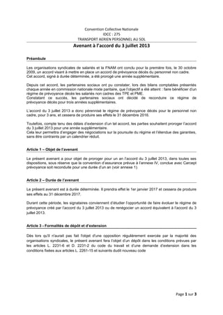 Convention Collective Nationale
IDCC : 275
TRANSPORT AERIEN PERSONNEL AU SOL
Avenant à l’accord du 3 juillet 2013
Préambul...