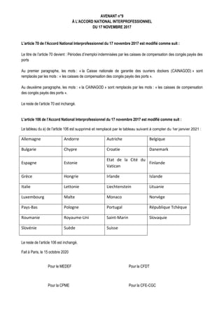 AVENANT n°9
À L’ACCORD NATIONAL INTERPROFESSIONNEL
DU 17 NOVEMBRE 2017
L’article 70 de l’Accord National Interprofessionne...